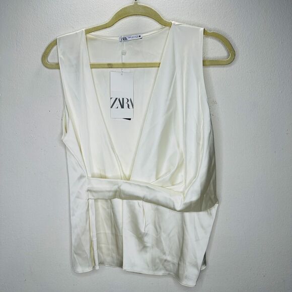 NWT Zara Cream Satin Sleeveless Knotted Front Effect Faux Wrap Blouse Top M - Picture 3 of 13